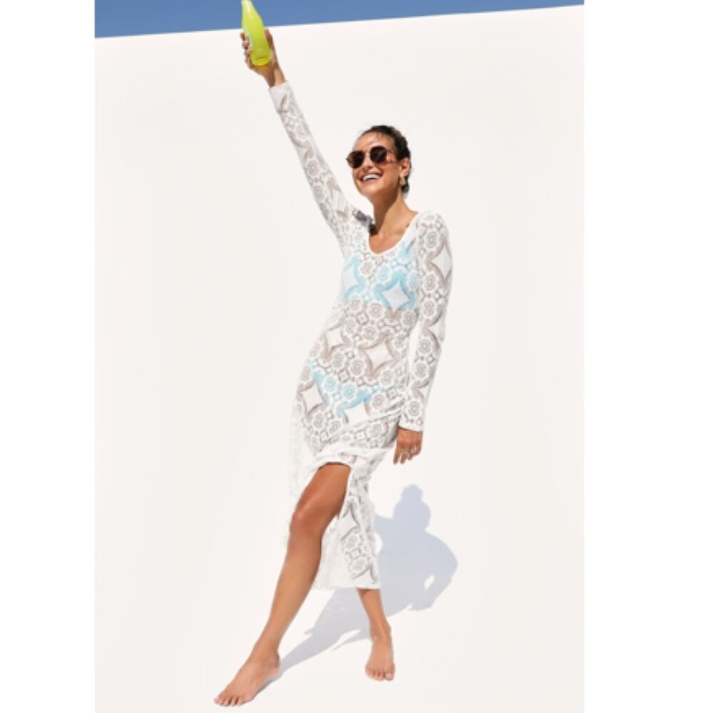NWOT Lulu's Sunny Sands White Lace Long Sleeve Swim Cover-Up Size Small
